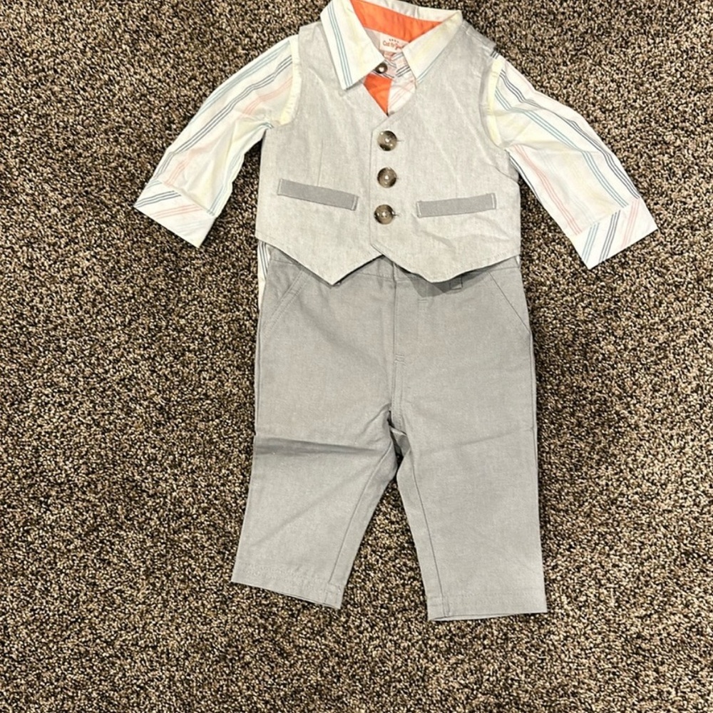 Gray Vest and Pants with Striped Shirt Set